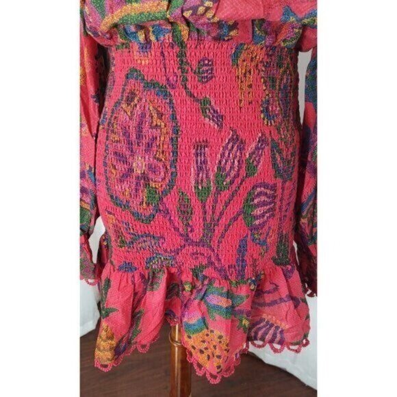 FARM Rio Mini Dress M  Tapestry Tropical Smocked Ruffle…Blush Pink Sunset - Picture 10 of 16